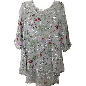 BlueBerry Floral Linen Blouse Tunic Top XS Art to Wear Cottagecore Oversized